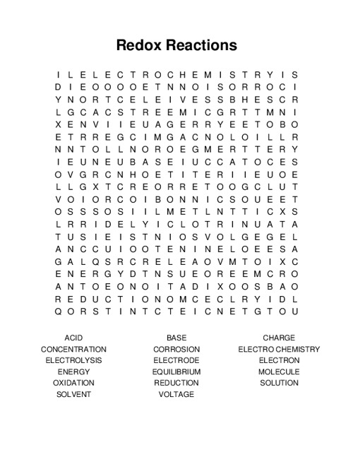 Redox Reactions Word Search Puzzle