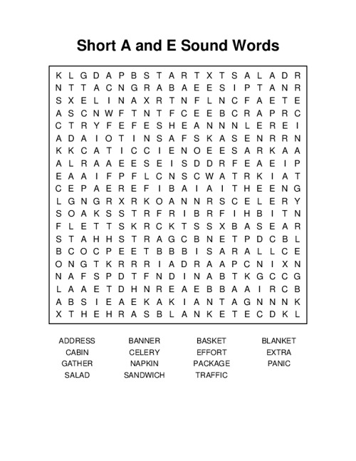 Short A and E Sound Words Word Search Puzzle