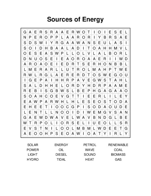 Sources of Energy Word Search Puzzle