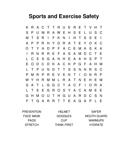 Sports and Exercise Safety Word Search Puzzle