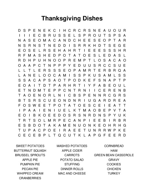 Thanksgiving Dishes Word Search Puzzle