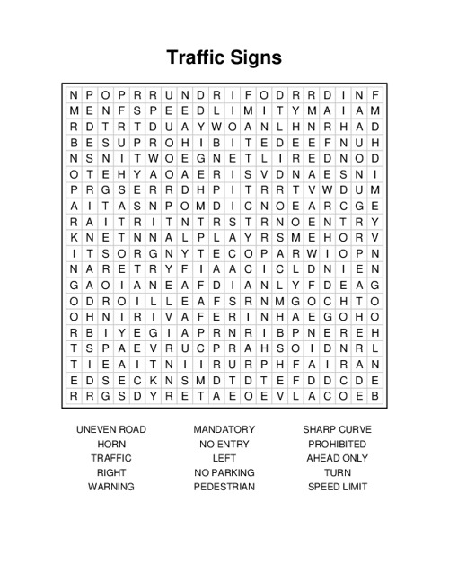 Traffic Signs Word Search Puzzle