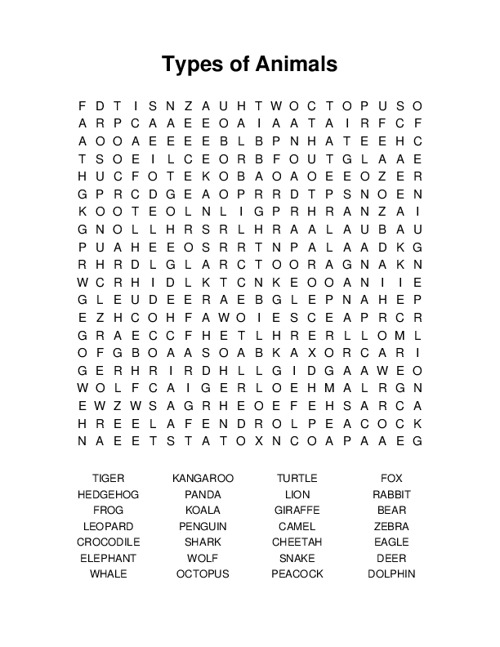 Types of Animals Word Search Puzzle