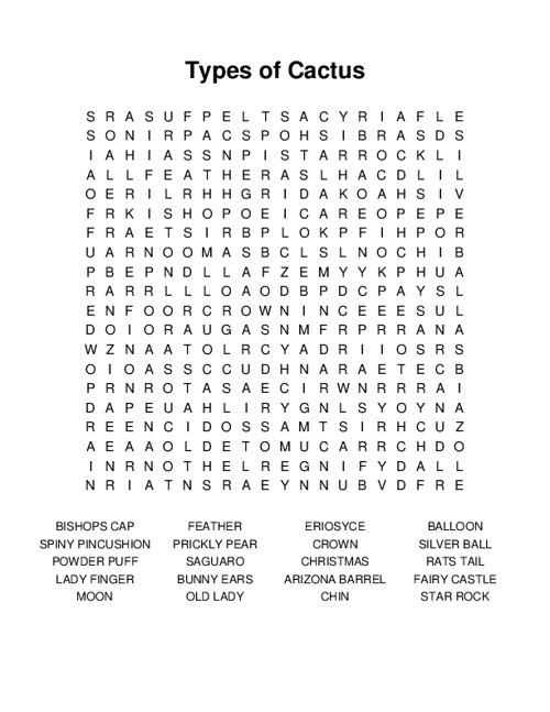 Types of Cactus Word Search Puzzle