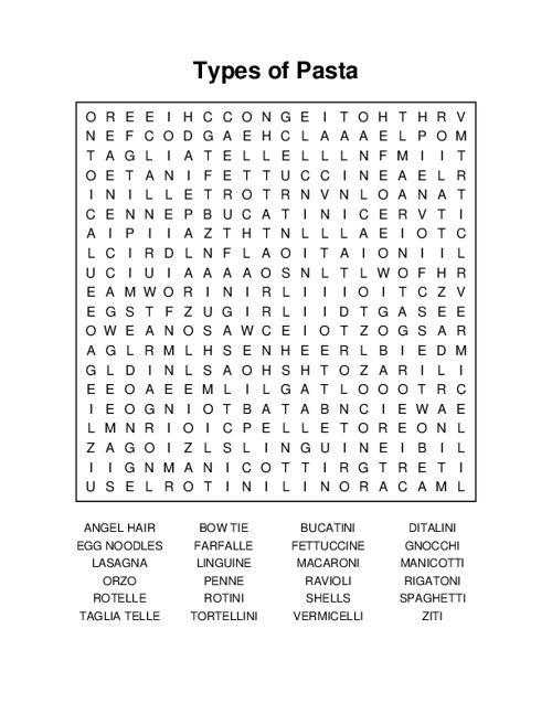 Types of Pasta Word Search Puzzle