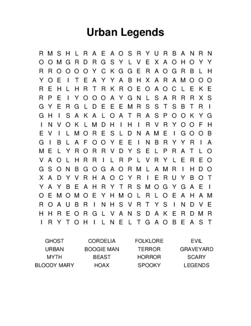 Urban Legends Word Search Puzzle