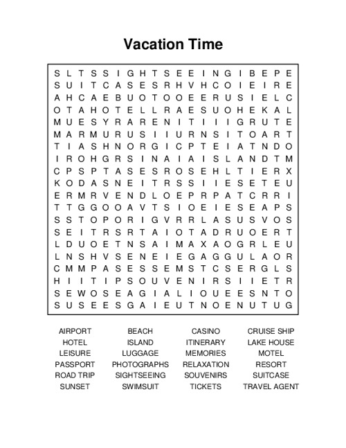 Vacation Time Word Search Puzzle