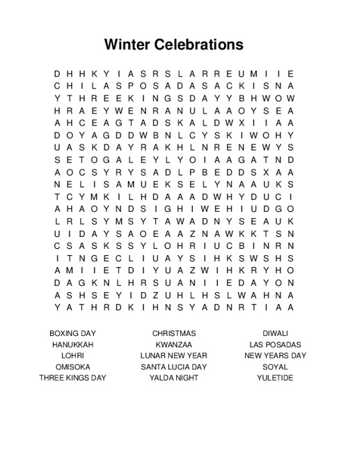 Winter Celebrations Word Search Puzzle