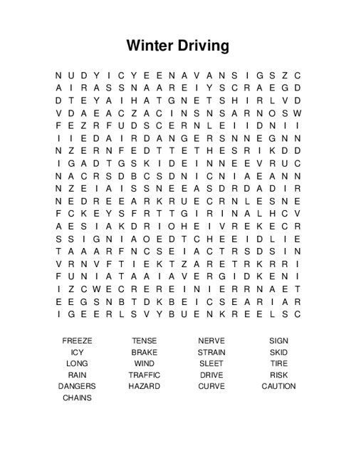 Winter Driving Word Search Puzzle