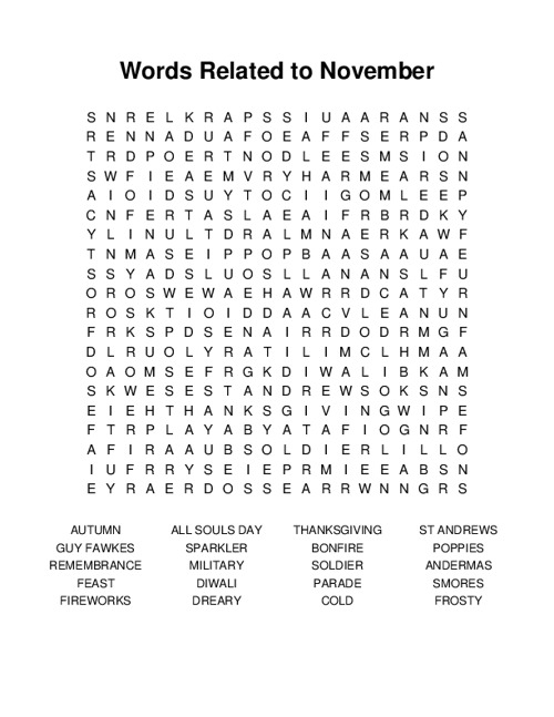 Words Related to November Word Search Puzzle