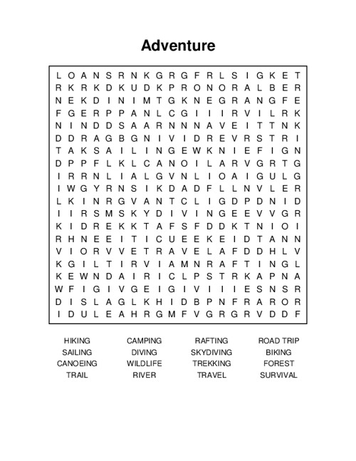 Adventure Word Search Puzzle