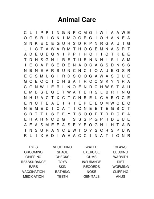 Animal Care Word Search Puzzle