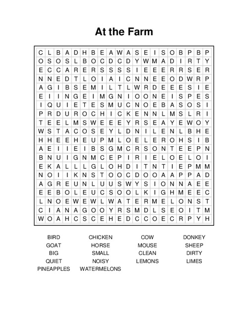 At the Farm Word Search Puzzle