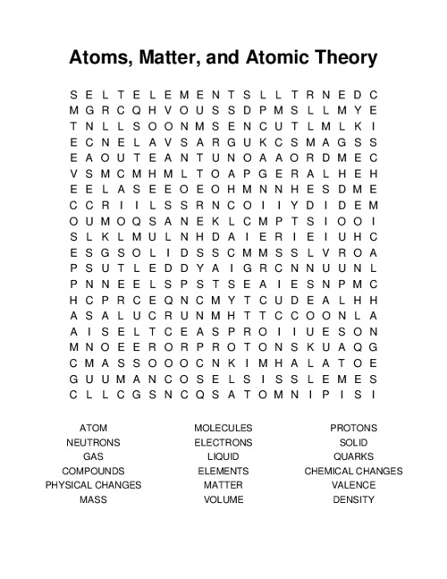 Atoms, Matter, and Atomic Theory Word Search Puzzle