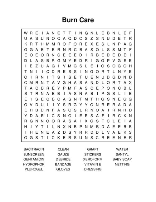 Burn Care Word Search Puzzle