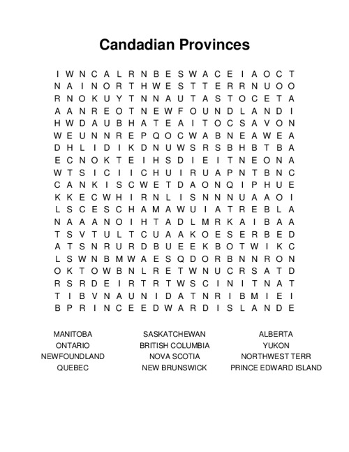 Candadian Provinces Word Search Puzzle