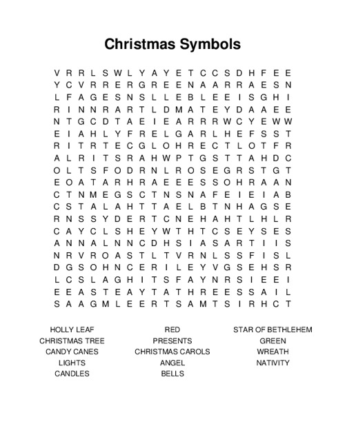 Christmas Symbols Word Search Puzzle