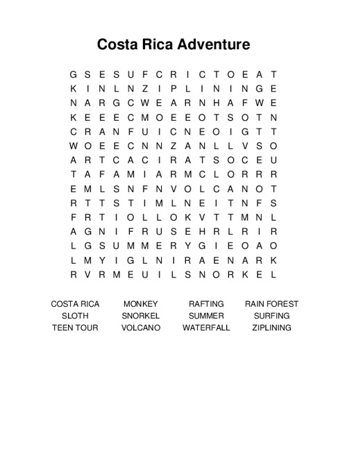 Costa Rica Adventure Word Search Puzzle