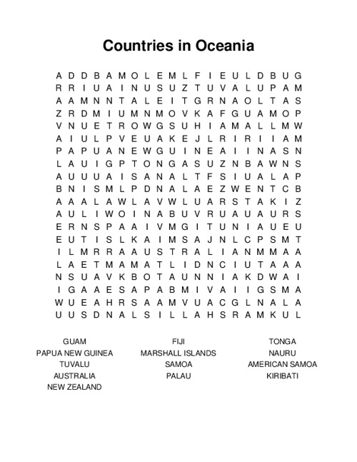 Countries in Oceania Word Search Puzzle