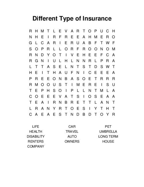 Different Type of Insurance Word Search Puzzle