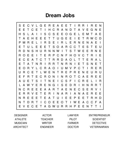 Dream Jobs Word Search Puzzle