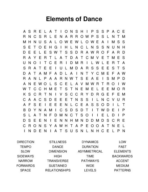 Elements of Dance Word Search Puzzle