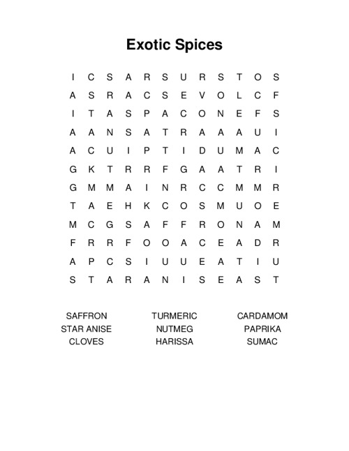 Exotic Spices Word Search Puzzle