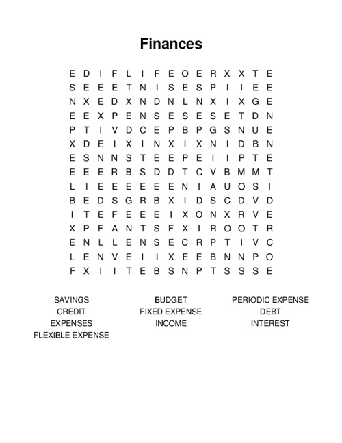 Finances Word Search Finances Word Search