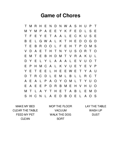 Game of Chores Word Search Puzzle