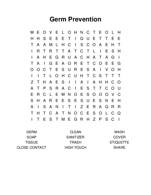 Germ Prevention Word Search Puzzle