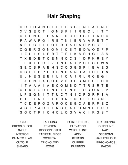 Hair Shaping Word Search Puzzle