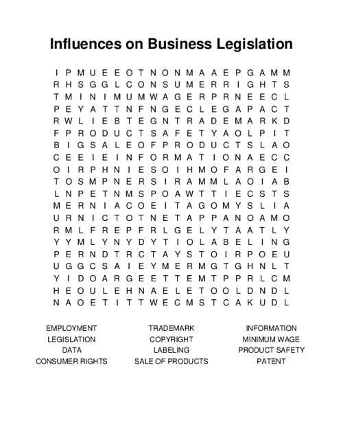 Influences on Business Legislation Word Search Puzzle