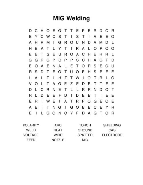 MIG Welding Word Search Puzzle