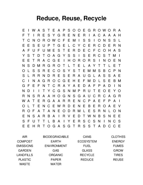 Reduce, Reuse, Recycle Word Search Puzzle