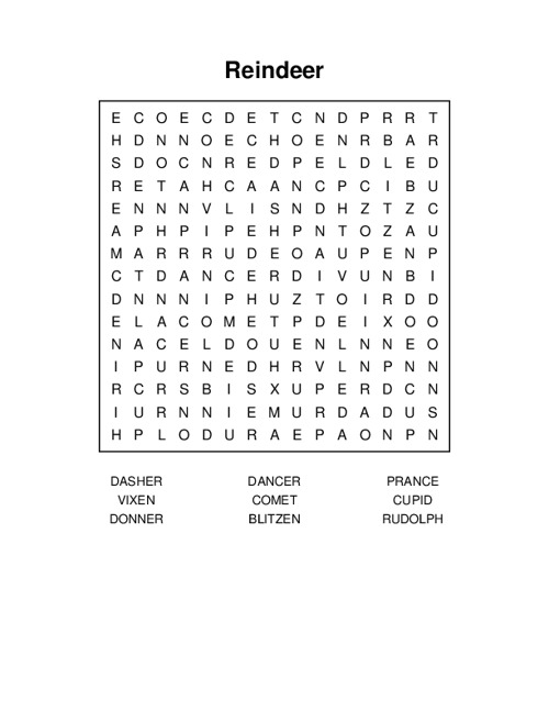 Reindeer Word Search Puzzle