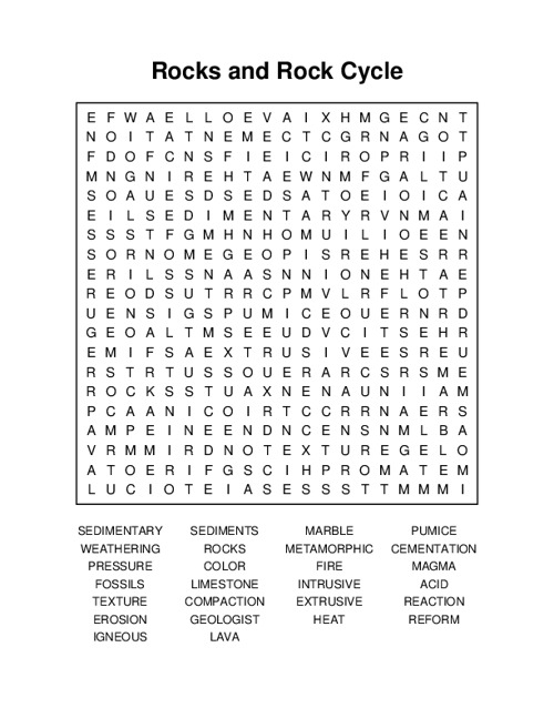 Rocks and Rock Cycle Word Search Puzzle