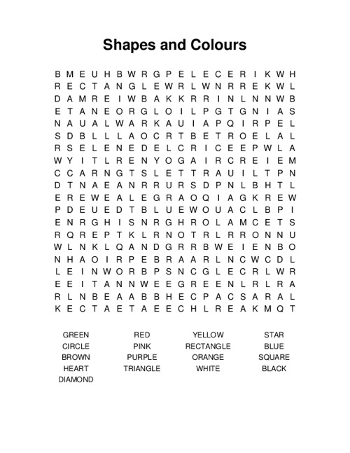 Shapes and Colours Word Search Puzzle