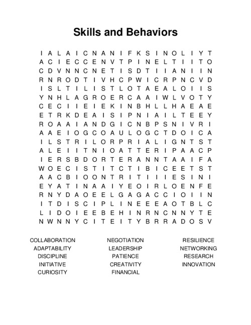 Skills and Behaviors Word Search Puzzle