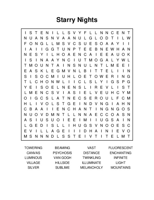 Starry Nights Word Search Puzzle