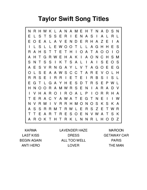 Taylor Swift Song Titles Word Search Puzzle