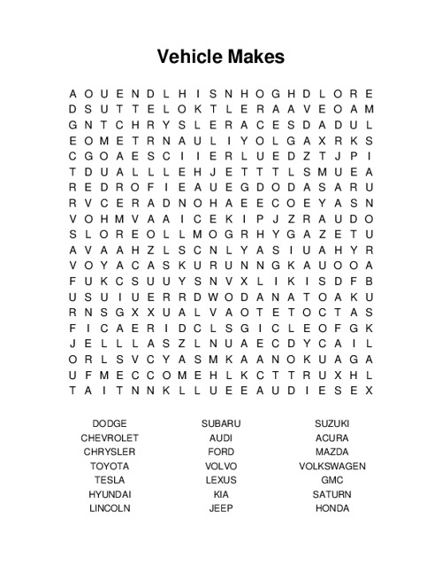 Vehicle Makes Word Search Puzzle