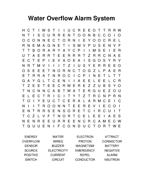 Water Overflow Alarm System Word Search Puzzle