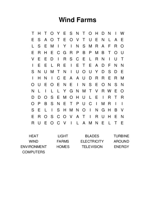 Wind Farms Word Search Puzzle