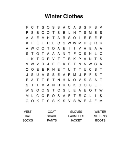 Winter Clothes Word Search Puzzle