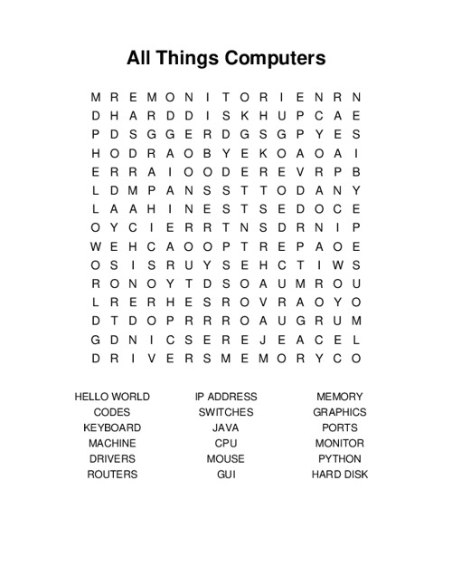 All Things Computers Word Search Puzzle