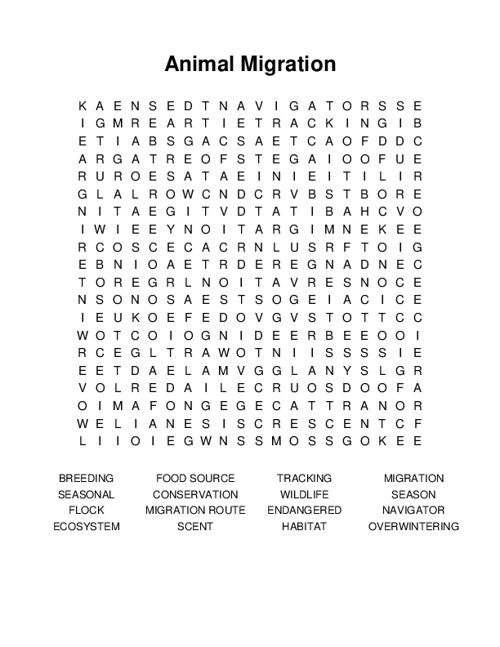 Animal Migration Word Search Puzzle