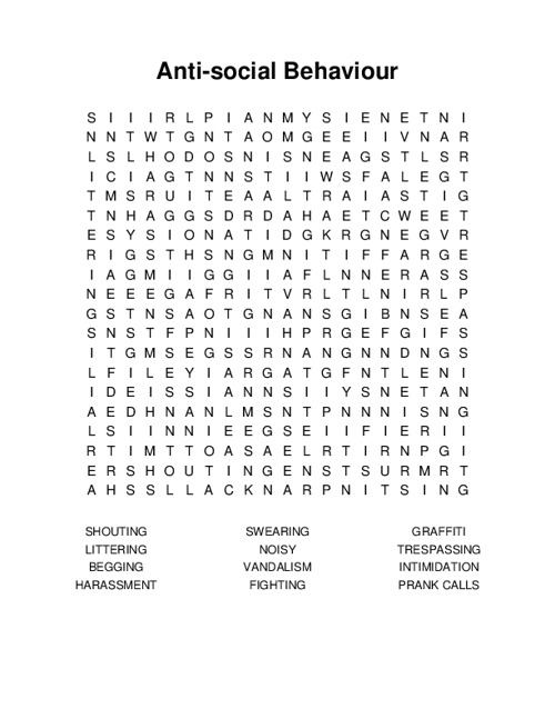 Anti-social Behaviour Word Search Puzzle