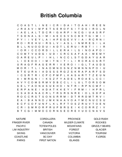 British Columbia Word Search Puzzle