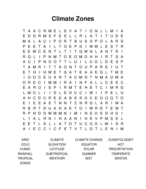 Climate Zones Word Search Puzzle