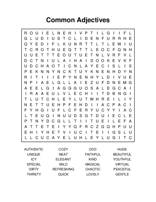 Common Adjectives Word Search Puzzle